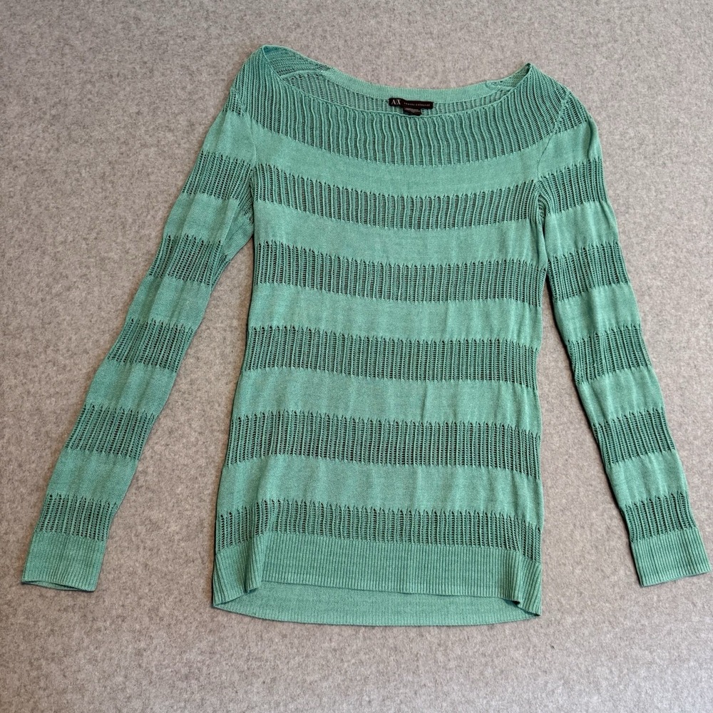 Armani Exchange S Open Knit Top Sweater Mint Green Beach Y2K Boatneck Eyelet
